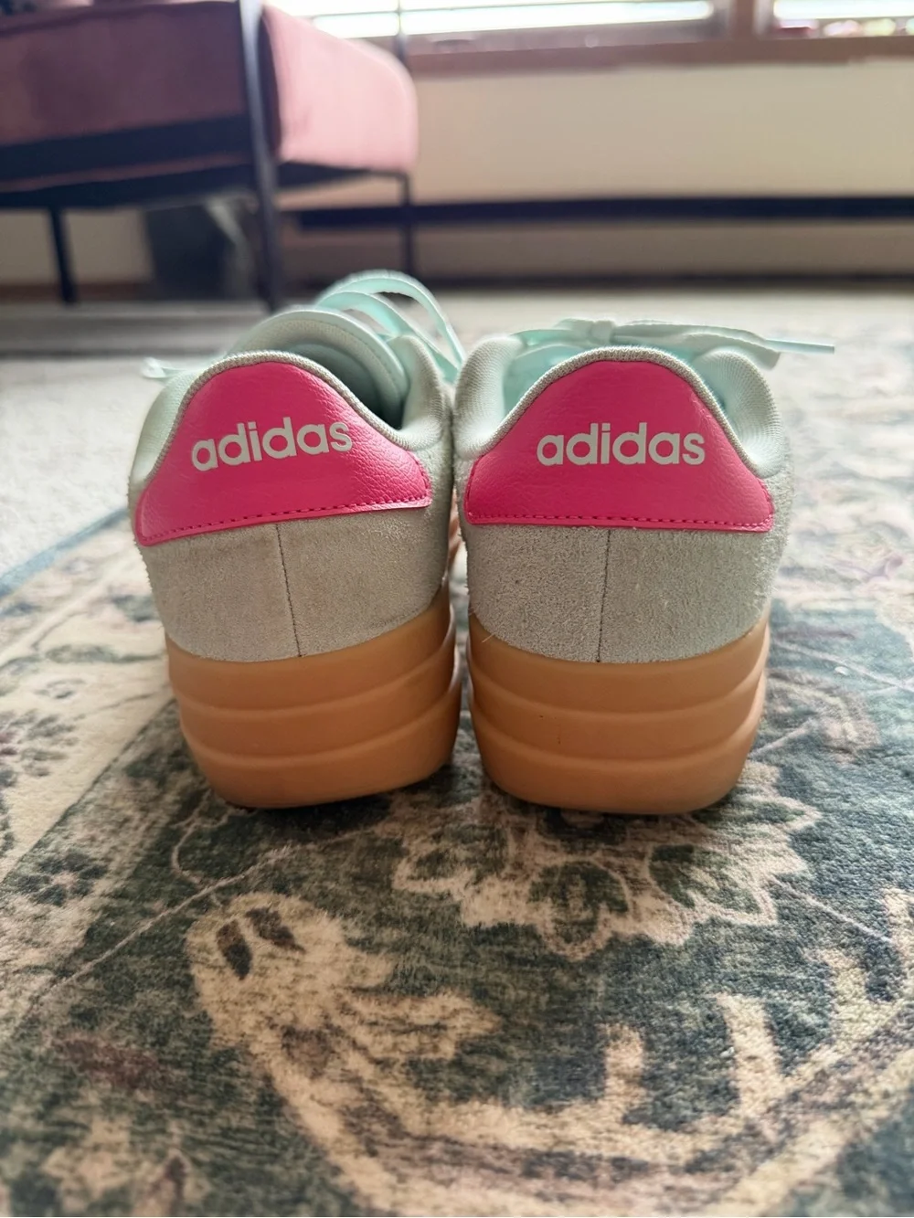 adidas Mint Green Suede Sneakers with Pink Stripes